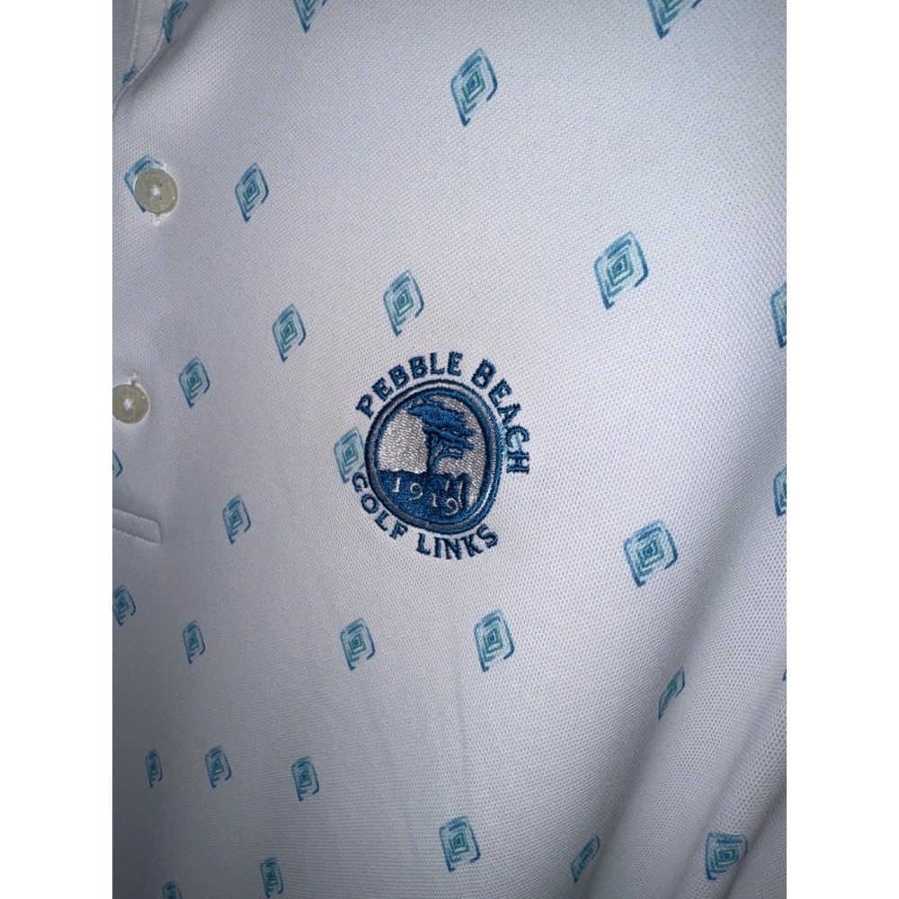 Johnnie O Shirt Mens White Blue Rhombus Droptail Performance Polo Pebble Beach L - Picture 6 of 7